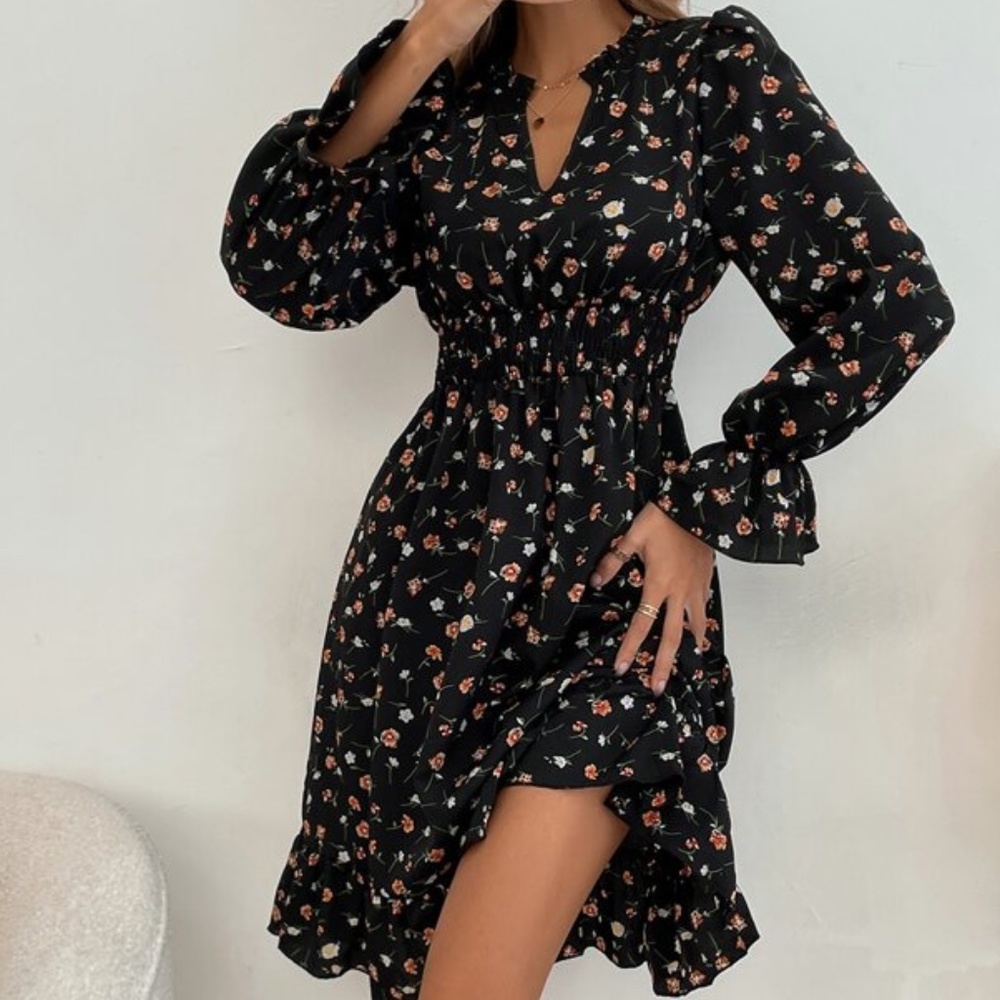 Boho Floral Print Ruffle sleeve Mini Dress Cottagecore - Picture 3 of 10